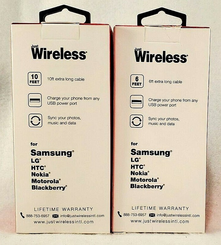 (2) Just Wireless Micro USB Cables 6ft and 10ft Samsung LG Motorola Brand New! gallery