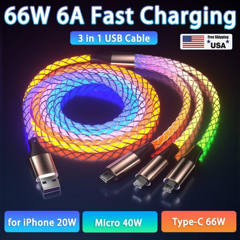 Light Up Charging Cable 66W USB C 3 in 1 Charger Cable, iPhone Micro USB Type C