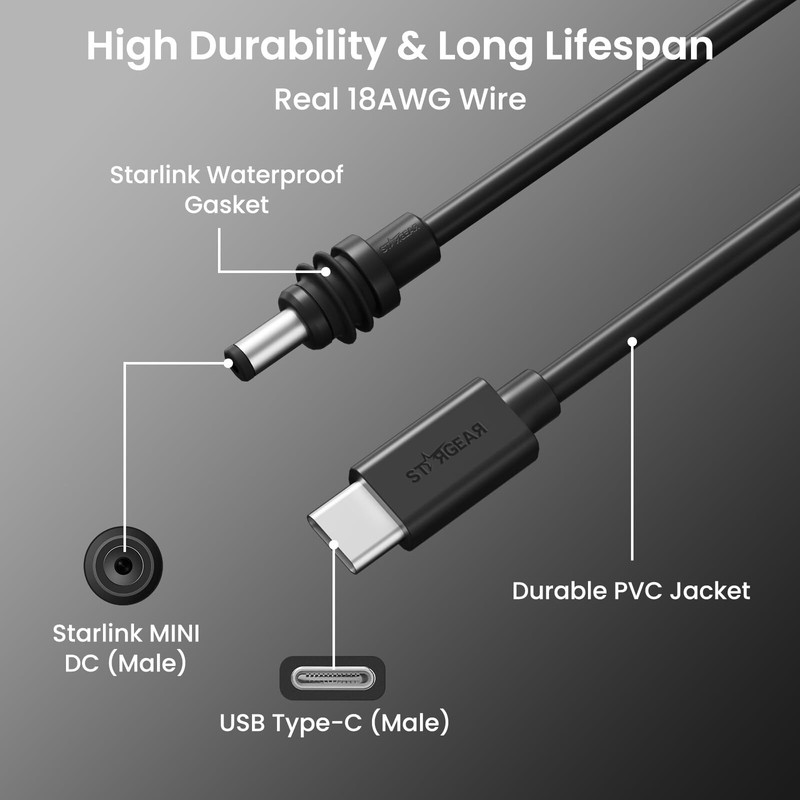 Starlink Mini USB C Power Cable 6.5 FT 140W DC Barrel Jack 20V PPS 65W+ PD gallery