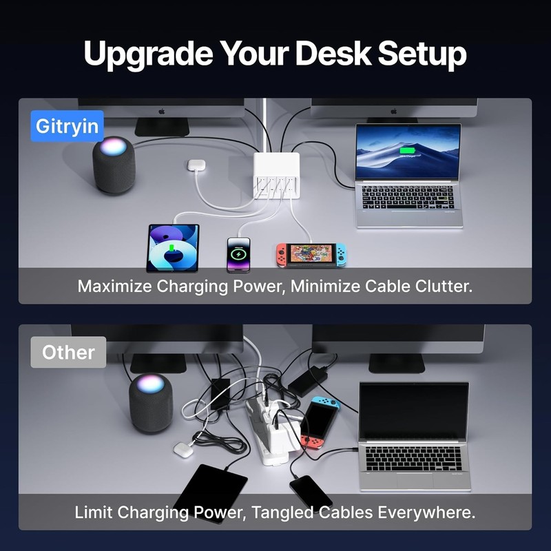 Gitryin Desktop Charging Station Retractable Cable Wall Charger AC/USB/Type-C gallery
