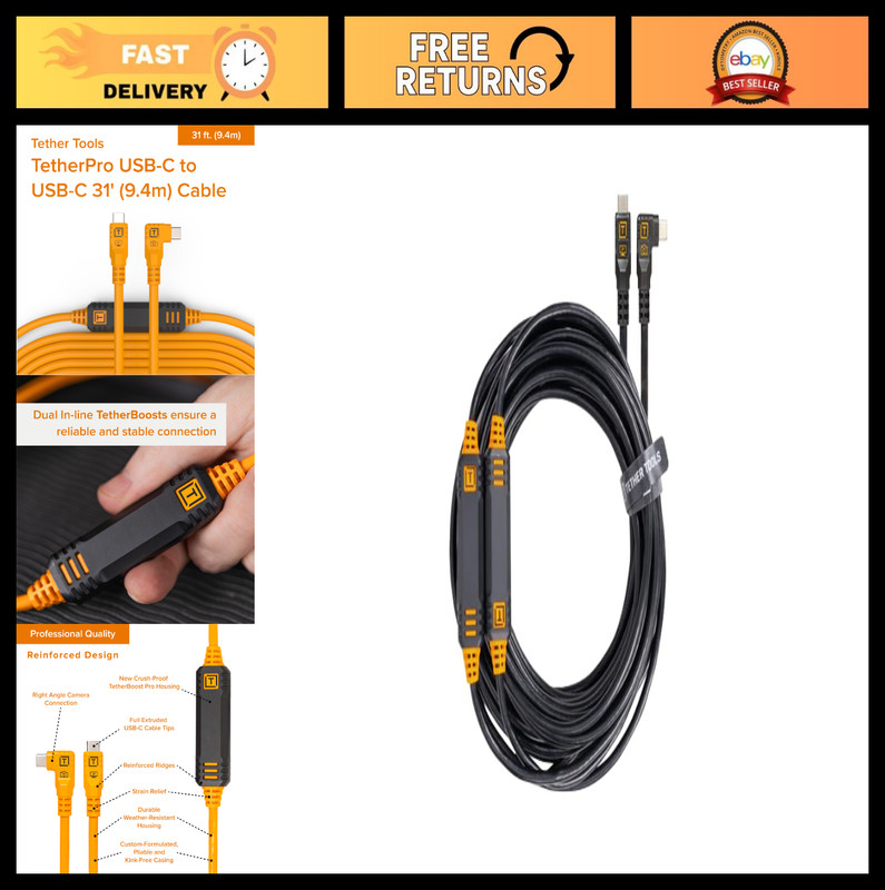 USB-C to USB-C Cable 31ft, 5Gbps Fast Data Transfer, Straight & Right Angle, Tet