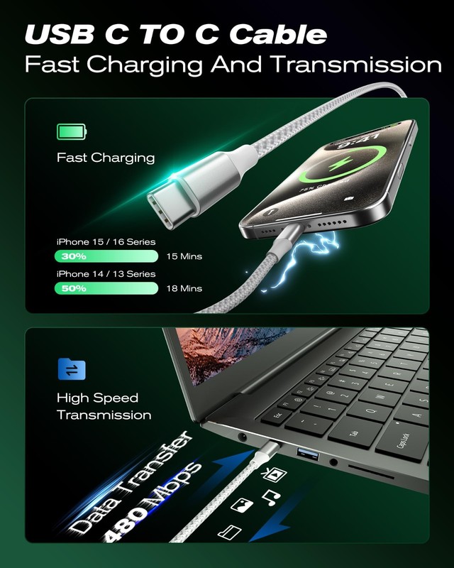 USB C to USB C Cable 5-Pack [3/3/6/6/10FT] 60W Fast Charging Nylon Braided Type gallery