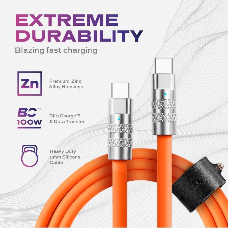 6FT Tangle-Free TsumoCharge USB-C Cable - Fast Charging & Data Transfer, Orange gallery