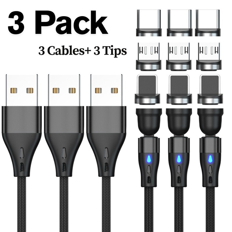540° Rotate Magnetic Charger Cable Phone Fast Charging with Type C Micro USB iOS