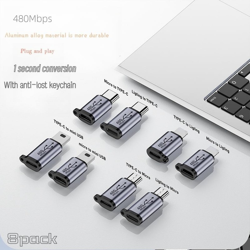 8 PCS USB Adapter Kit TypeC Micro Mini Lighting To USB 480Mb Phone PC Mac gallery