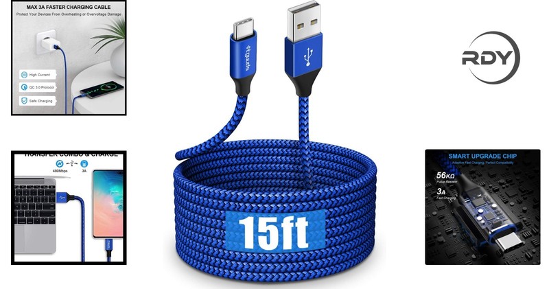 15ft Fast Charging USB Type C Cable - Nylon Braided Cord for All Devices gallery