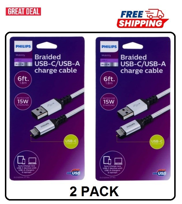 Philips 6′ Foot USB-C/USB-A Charging Cables Braided NEW (2 PACK)