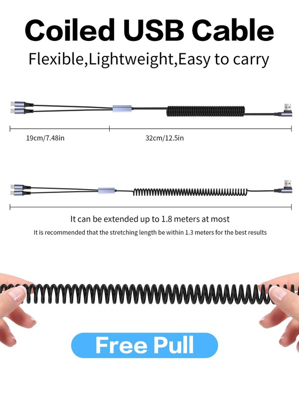 2 in 1 Coiled USB Charging Cable 90 Degree Fast Charger Spring 2 Type C Cord gallery