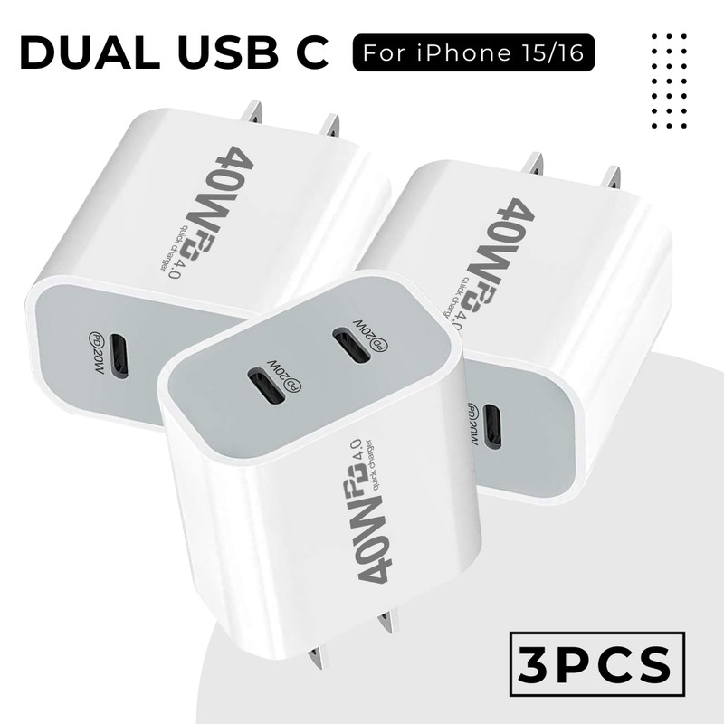 Dual USB C Fast Charger Block 40W PD Type C Cube For iPhone 16 15 14 13 12 XS XR