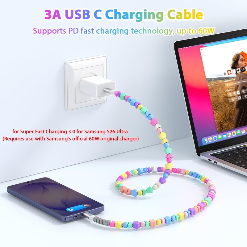 USB to USB Cable Colorful Star Beads Charger Cord 60W for Super Fast Charging... gallery