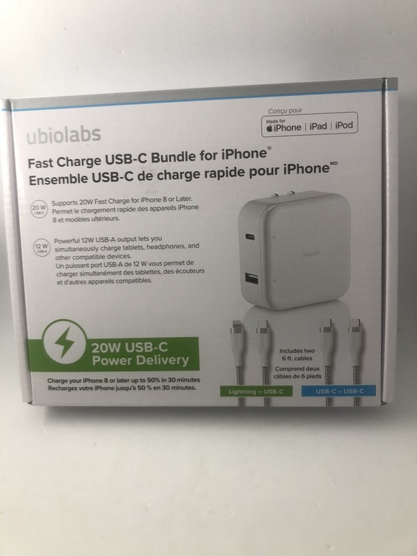 Lot Of 20 Ubiolabs Fast Charge USB-C Bundle for iPhone (2) 6ft Cables ,20W USB-C