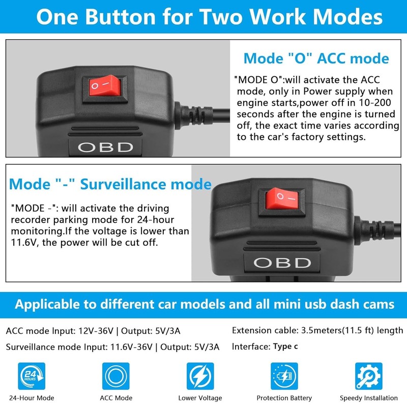 OBD Power Cable for Dash Camera to Type C Adapter Hardwire Charger Cable 24 H... gallery