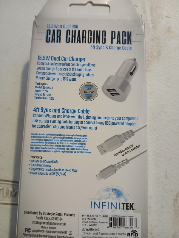 InfiniTek 15.5 Watt Dual USB Car Charging Pack 4 ft Sync & Charge Cable White gallery