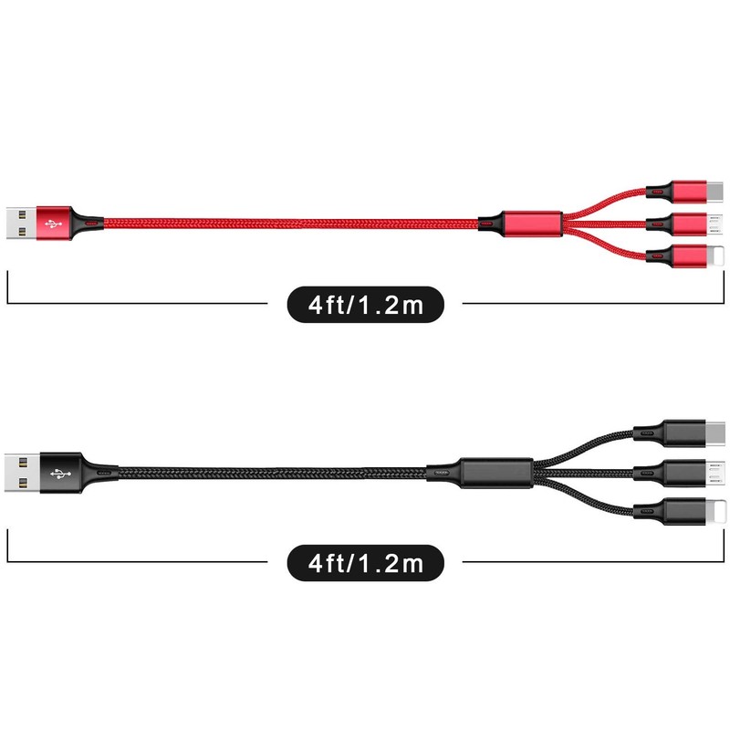 2 Pack Red Black 4ft Braided Universal 3In1 Multi USB Charging Cable Wire gallery
