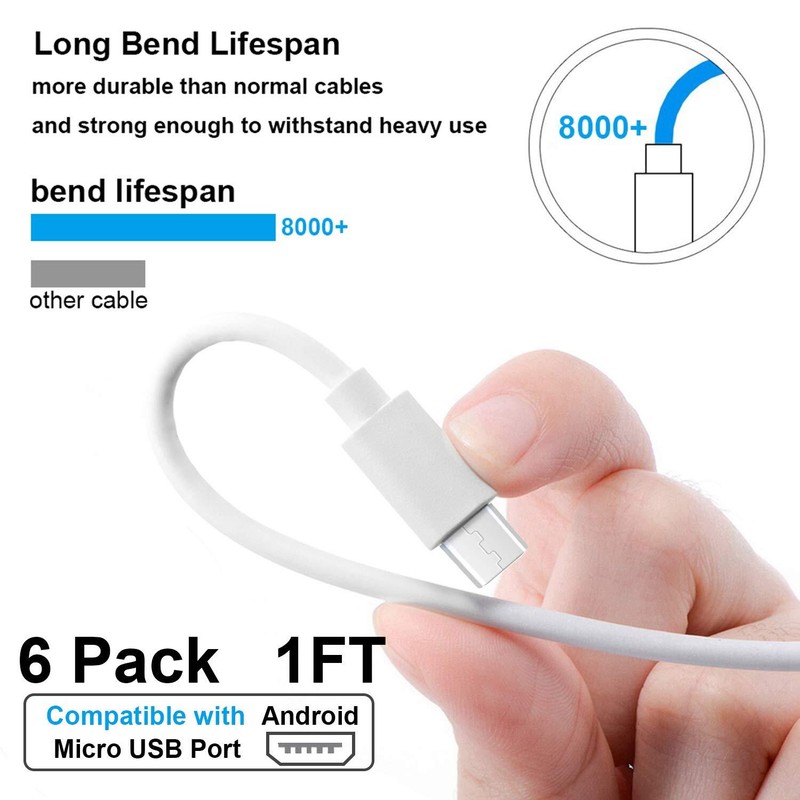 Short Micro USB Cable 6 Pack 1FT White Android Phone Charger Cord High Speed ... gallery