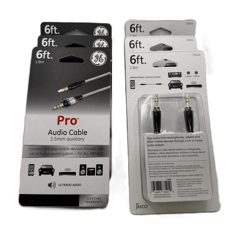 6pk GE Pro 3.5mm Aux Cable 6ft Premium Ultra HD Audio Cord Car Stereo 33524