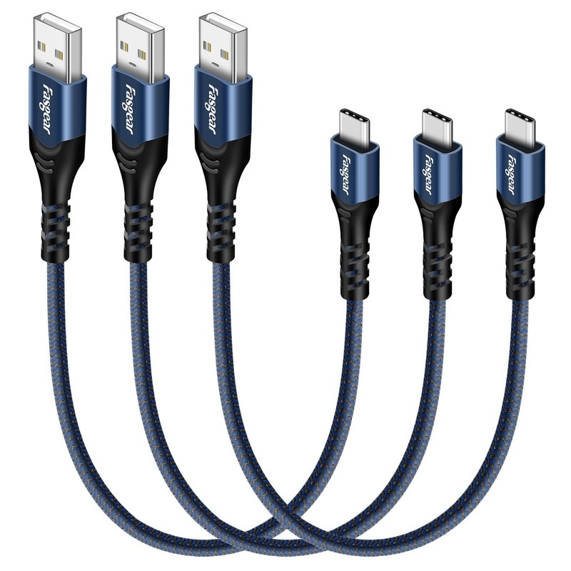3 Pack USB C Short Cable 1ft Fast Charging Braided Type C 30cm Cord Blue