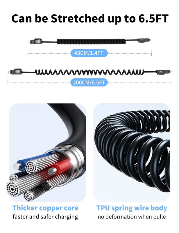 240W 4-in-1 Retractable Coiled Charging Cable[MFi Certified], Zinc Alloy Fast... gallery