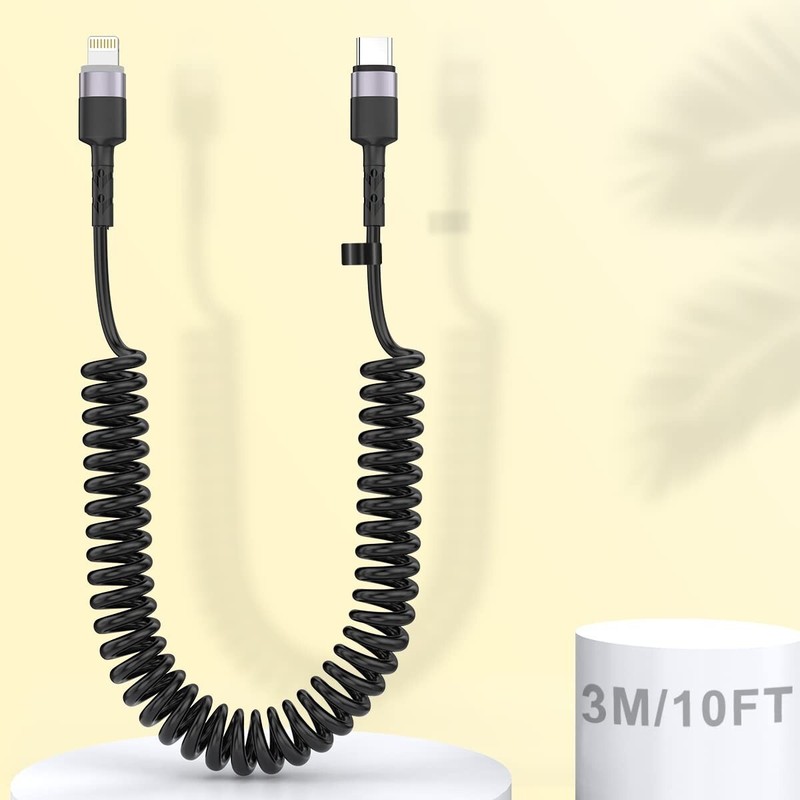 Coiled USB C to Lightning Cable for Car 10FT, MFi Certified iPhone Charging Data