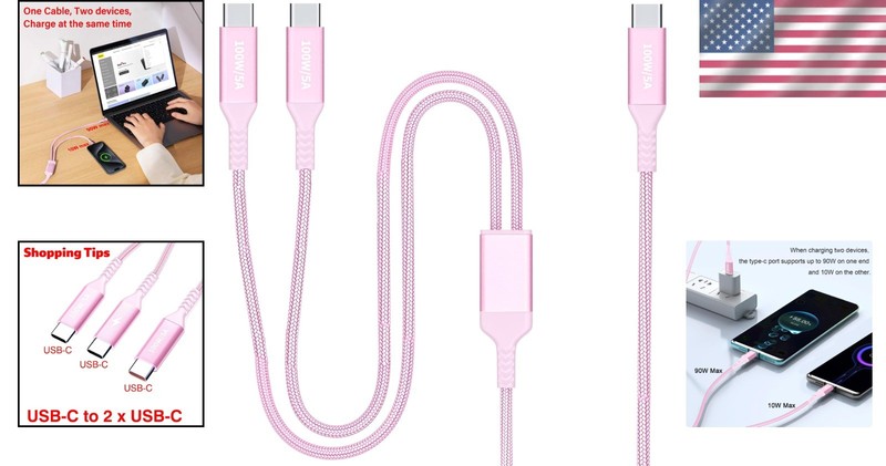 Stylish 4FT Nylon Braided 100W Dual USB C Fast Charging Cable - Reduces Clutter gallery