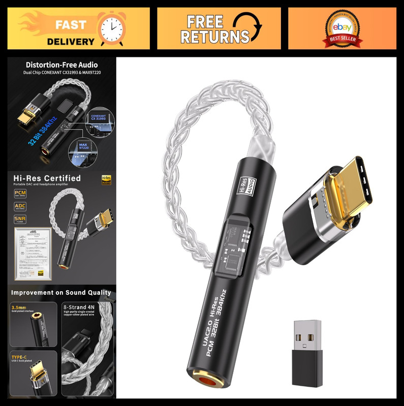 USB C to 3.5mm Audio Adapter, HiFi DAC & Amplifier, Silver-Plated Cable, Aux Don