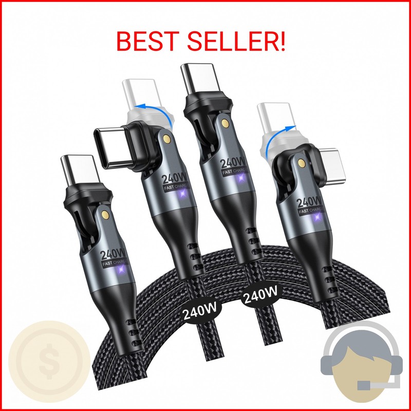 AUFU 240W USB C to USB C Cable 6ft(2 Pack), USBC to USBC Dual Head 180° Rotation