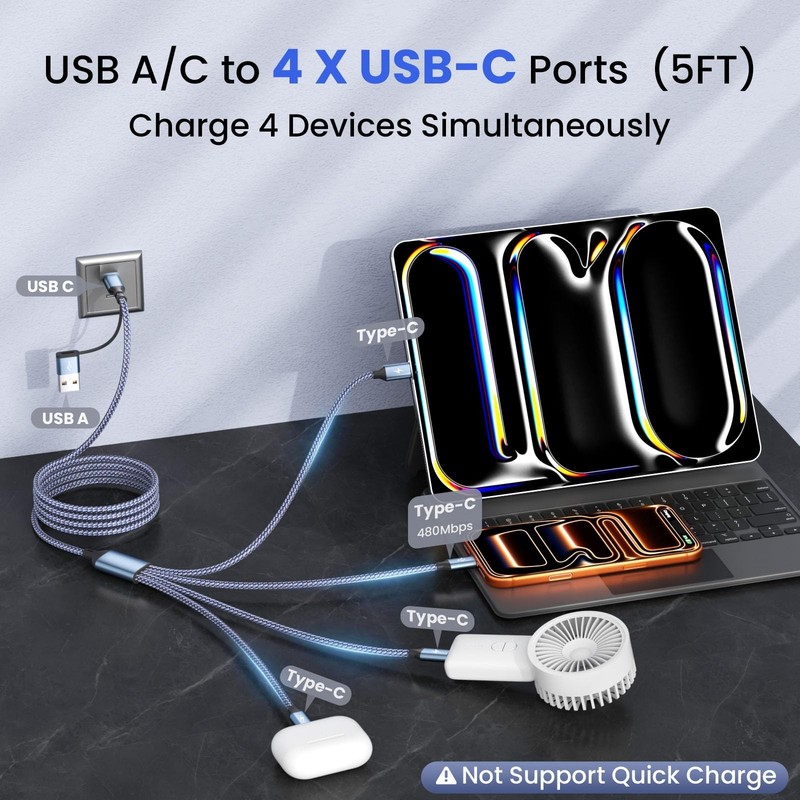USB C Splitter Multi Charging Cable 5Ft 2Pack, 4 in 2 Charger Cord, Type-C Conne gallery