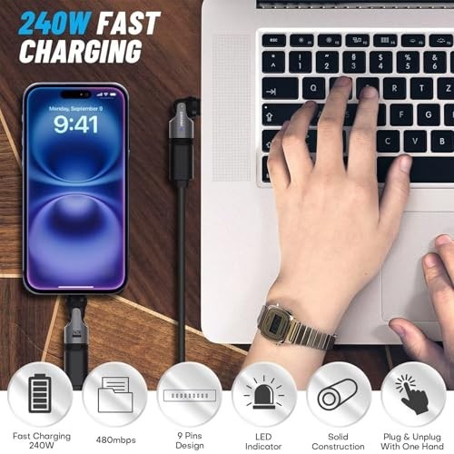 240W USB C Magnetic Adapter 4 Pack - 90° Right Angle Charging Cable Tips, Rotati gallery