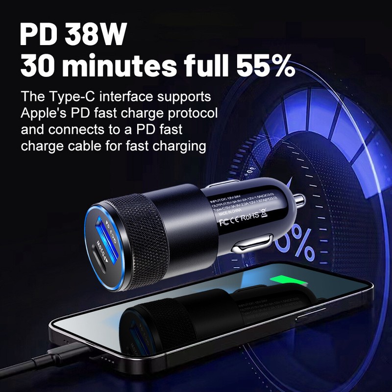 38W Super Fast Phone Car Charger Adapter USB Type C For iPhone Samsung Android gallery