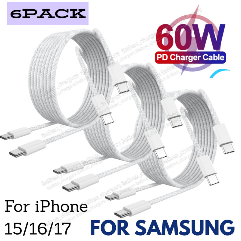 6PACK 60W Dual USB-C Cable 3/6/10FT For iPhone 17 16 15 PD Fast Charger Cord Lot