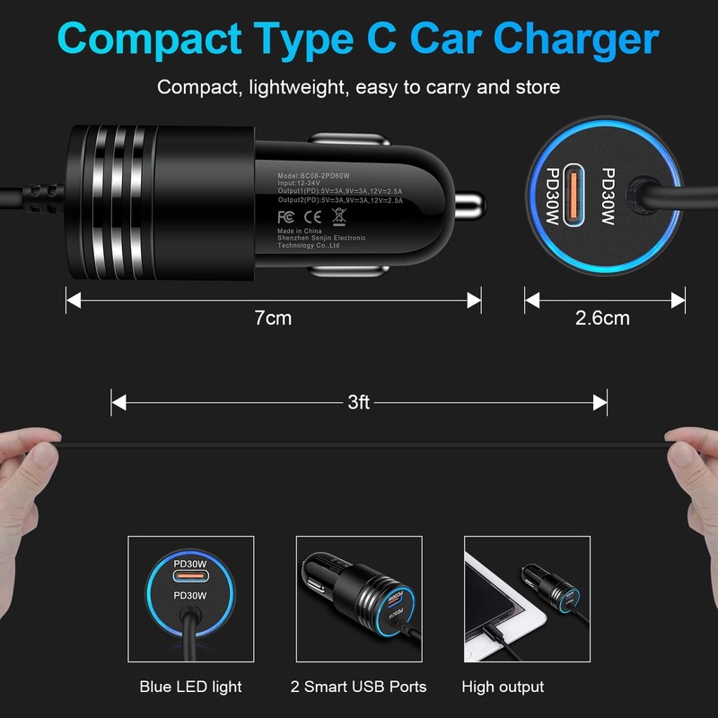 60W Super Fast Charging Android Car Charger Type C Rapid Samsung Black gallery