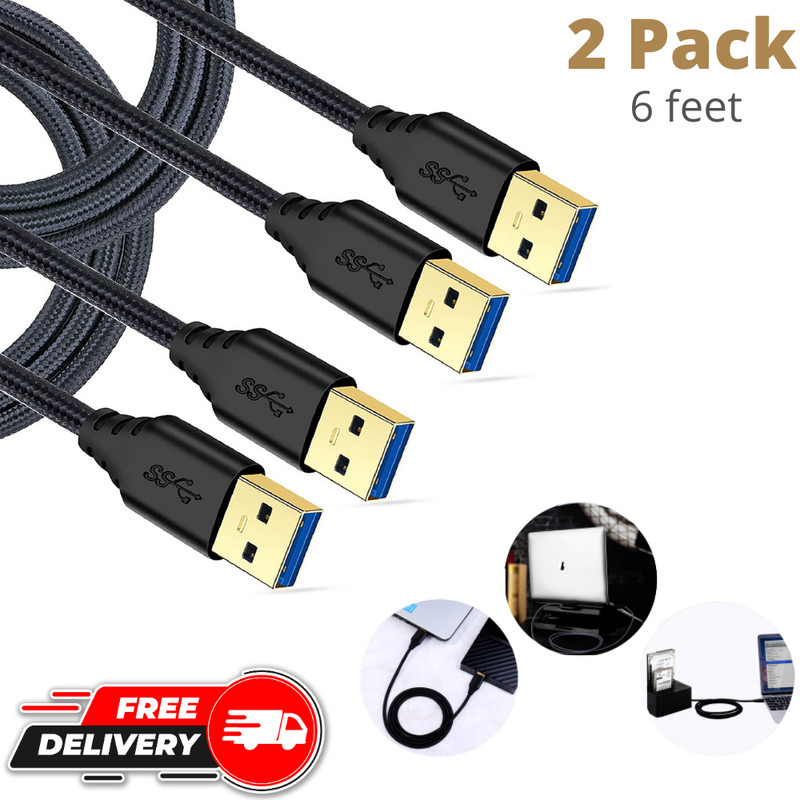 2-Pack USB 3.0 Cable Male To Male, Braided 6 Ft Type A Double End Cord Black