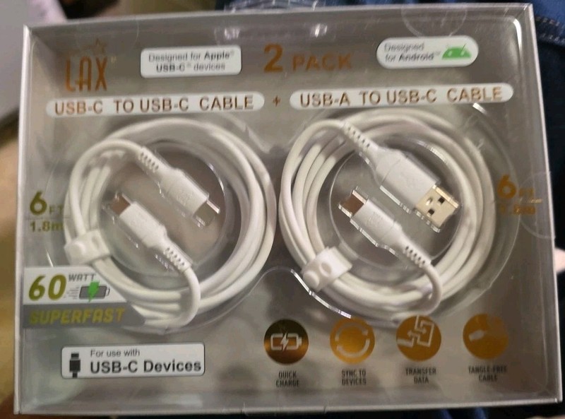 LAX – 2 Pack USB-C to USB-C Cables – 6 Feet – 60 Watt Superfast – Quick Charge