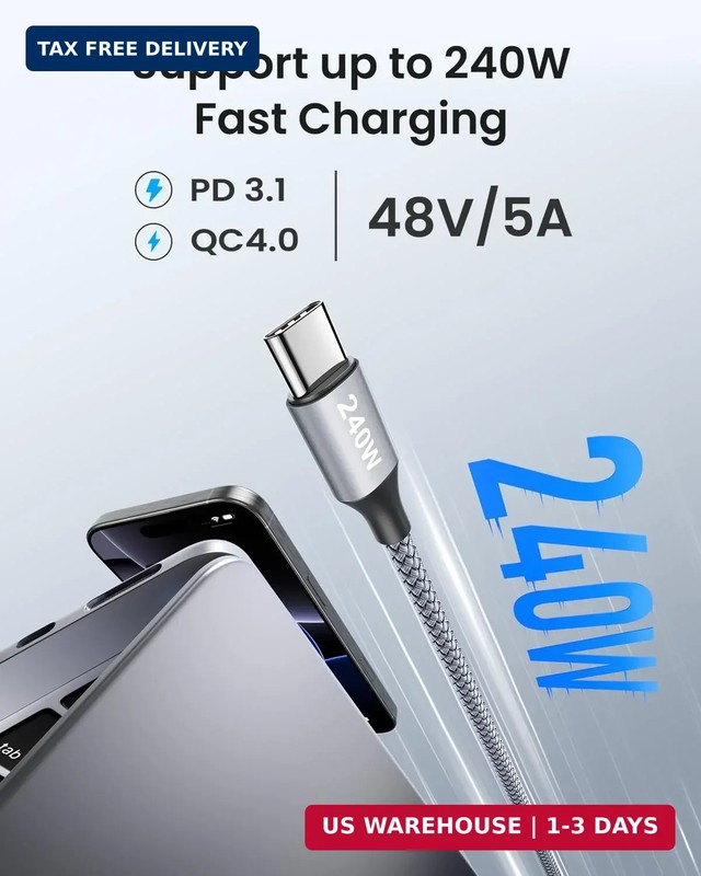 CLEEFUN USB C to USB C Cable 240W, (10ft, 2-Pack) Type C Charger Cord, 240 Watt gallery