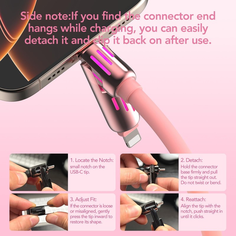 MFish 2-Pack 240W 4-in-1 Multi Charging Cable with 6.6FT, Pink+White gallery