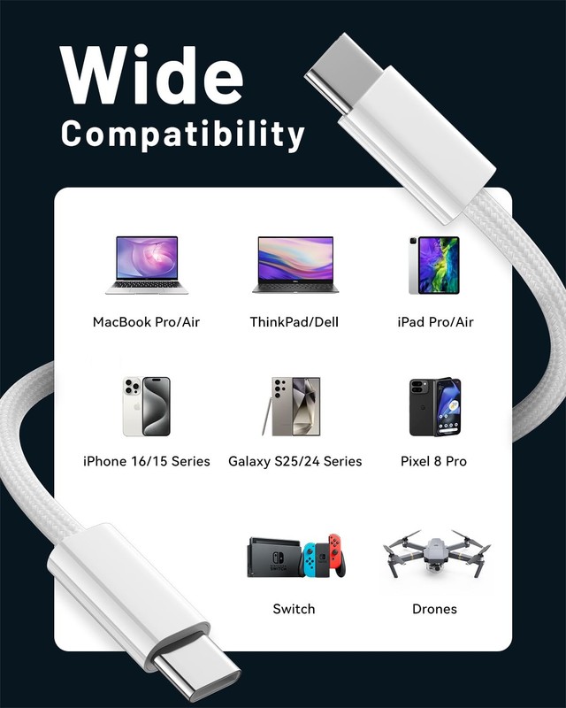 240W USB C to C Cable (6.6FT 2 Pack), USBC Cable, 6.6ft, White gallery