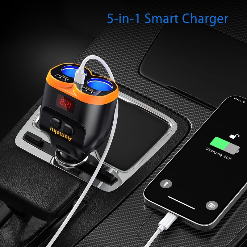 Aemeku PD20W USB-C QC3.0 Fast Charger Car Adapter 120W 2-Socket Orange-Black gallery