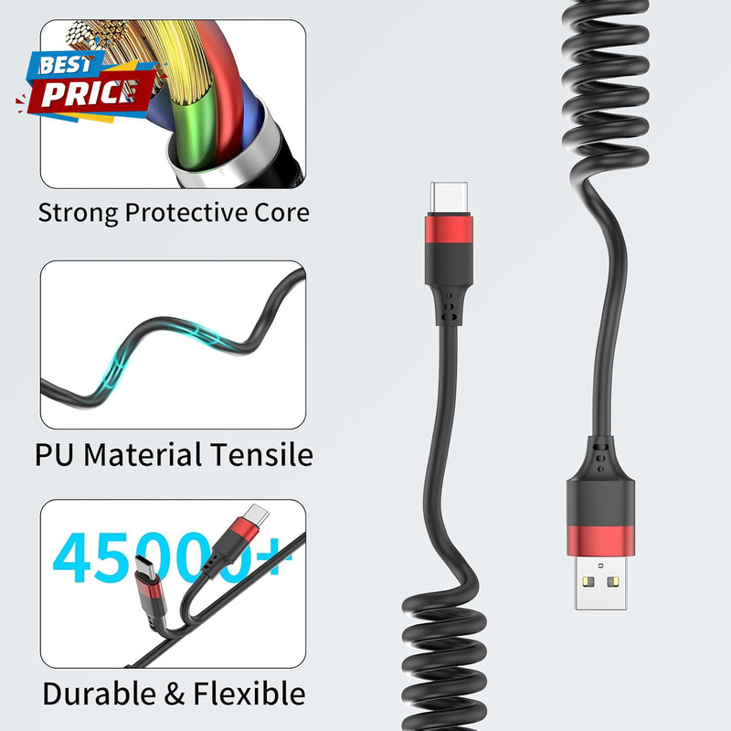Coiled USB C Cable for Car, 2 Pack Type C Coiled Cable Fast Charging, USB to USB gallery