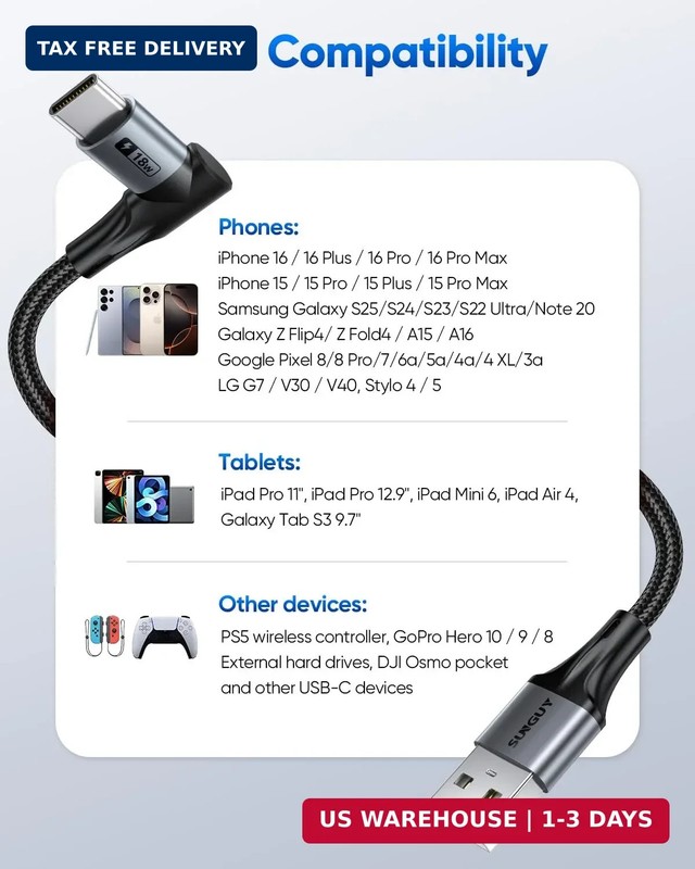 SUNGUY Right Angle USB C Cable 2Pack, [3.3FT/1m] Short 90 Degree USB to USB C Fa gallery