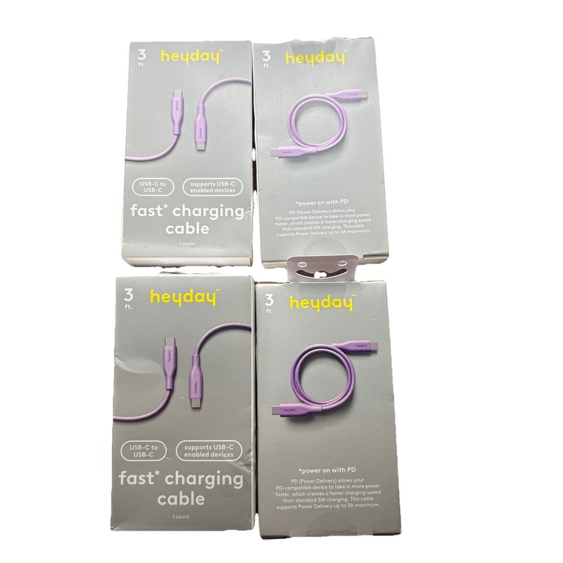 Heyday Lot of 3 USB-C to USB-C Fast Charging Cables 3ft Lavender New