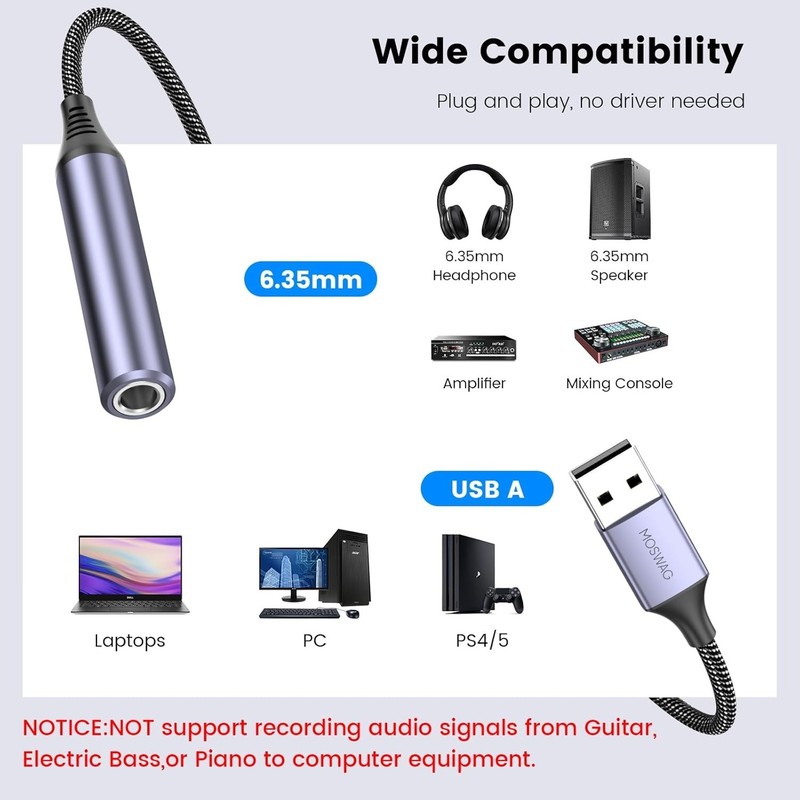 MOSWAG USB to 1/4 Jack Audio Adapter, USB to 6.35Mm Female Headphone Aux Adapter gallery