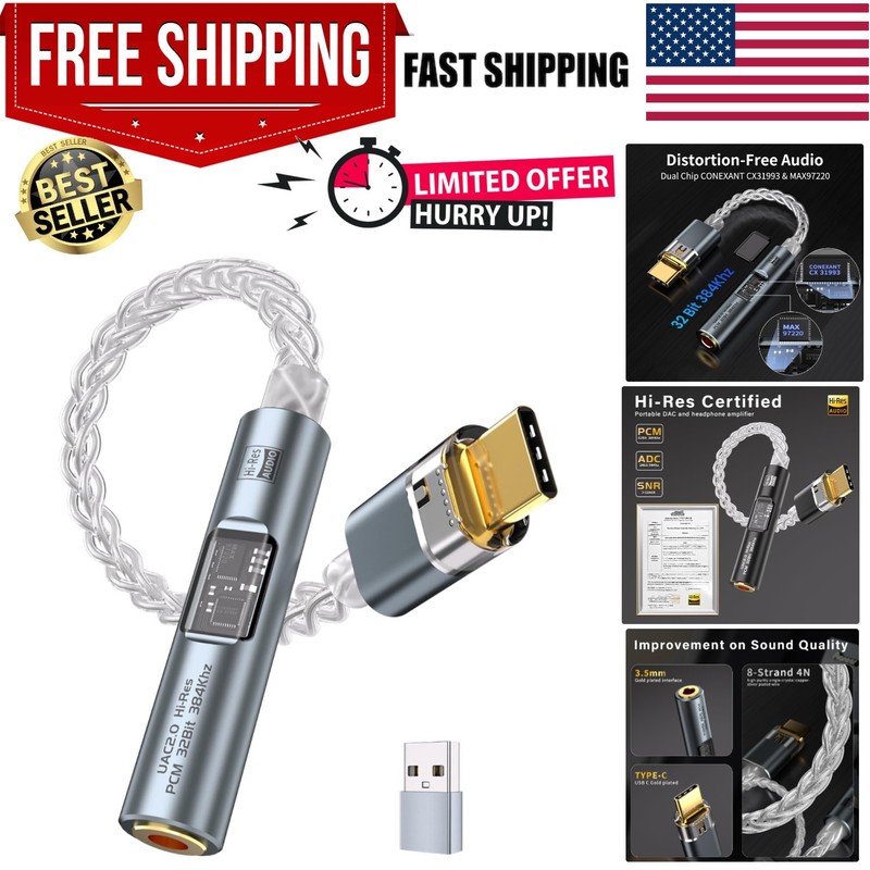 Versatile USB C to 3.5mm Audio Adapter – Dual Chip DAC, Durable & Compact Design