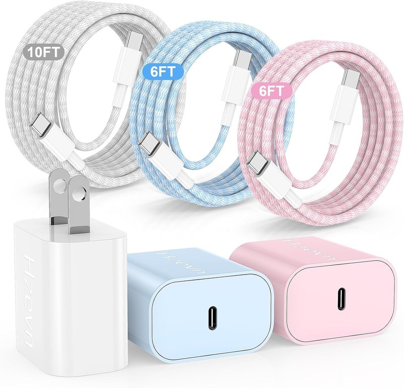 Hzevn USB C Fast Charger 20W 3 Pack with Braided Cables