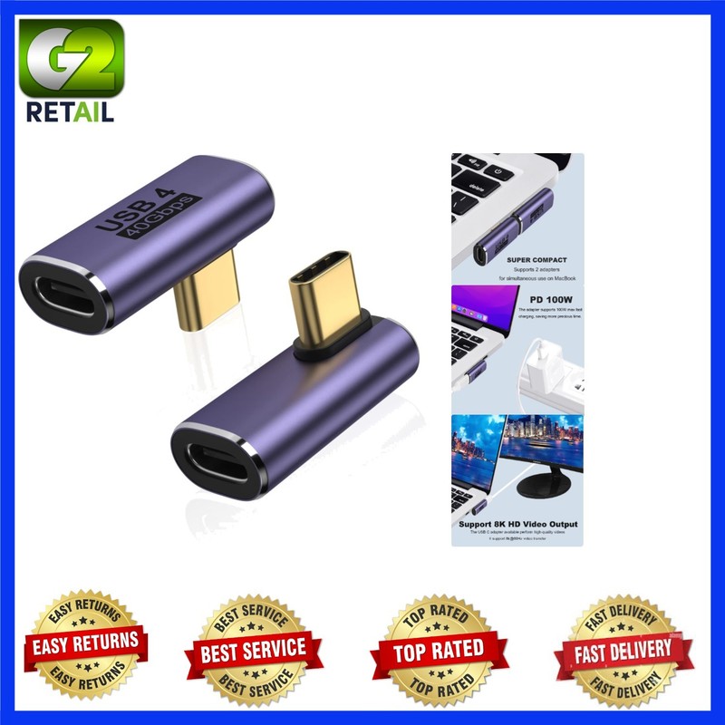 2-Pack Right Angle USB C Male to Female Adapter, 100W, 40Gbps for Fast Charging