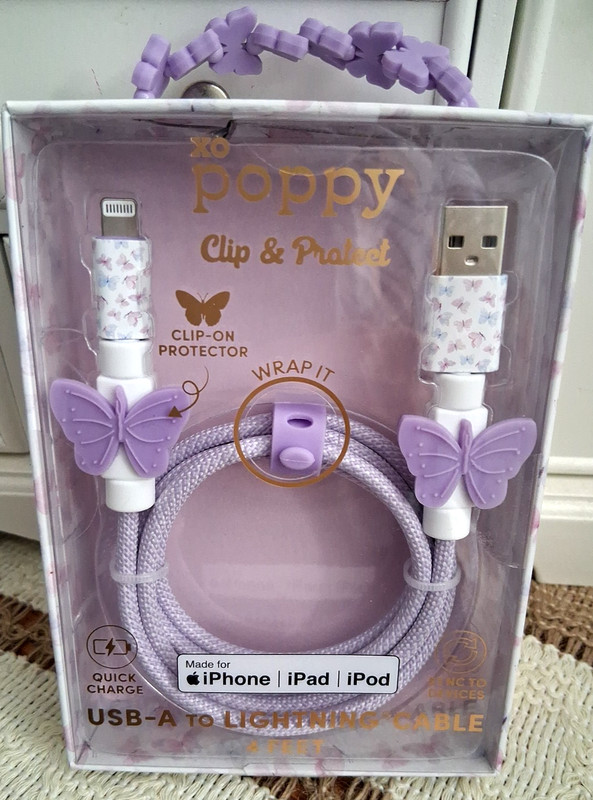 XO POPPY iPhone iPad iPod To USB-A Charging Cable 4 Ft Butterfly Purple NEW 🦋