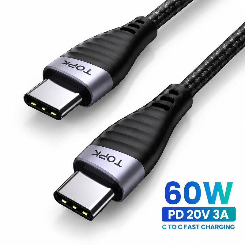 TOPK USB-C to USB-C Cable 60W PD Fast Charging Braided Charger Cord 6.6FT (2M)