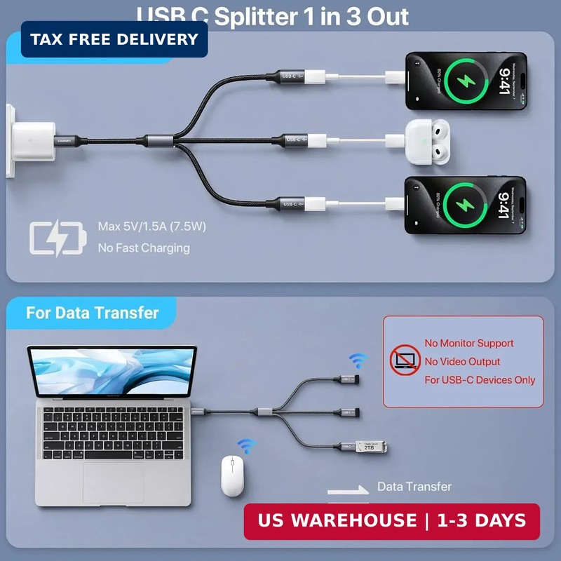 USB C Splitter Male to 3 Female USB C Power Splitter Charging gallery