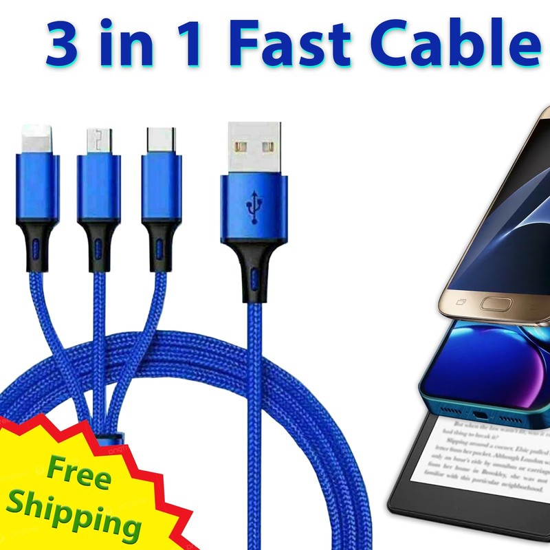 Durable 3in1 Fast Multi-Charging Cable for Android, Micro-USB, and iPhone, 3ft gallery