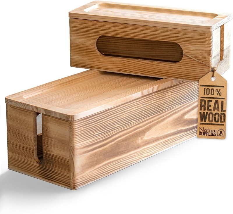 NATURE SUPPLIES Set of 2 Wooden Cable Management Boxes, Large and Dark Brown