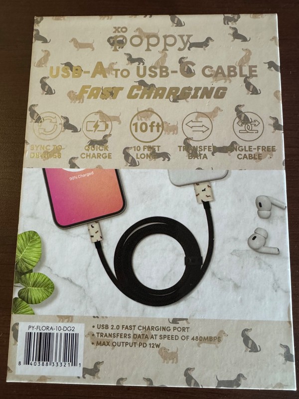XO POPPY DACHSHUND USB-A to USB-C BLACK 10 FT FAST CHARGING CABLE gallery